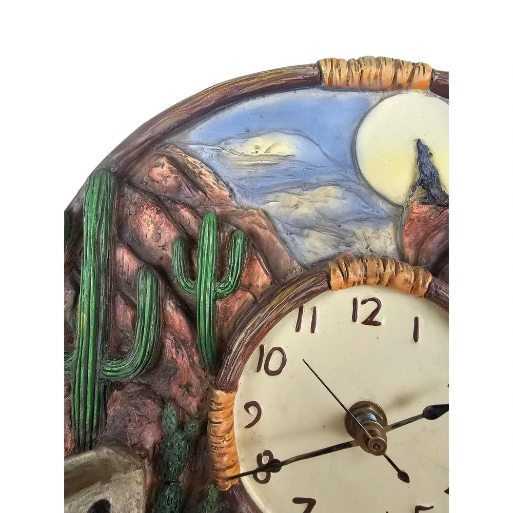 Mallory Lane Southwestern Desert Adobe Cactus Howling Wolf 3D Resin Wall Clock